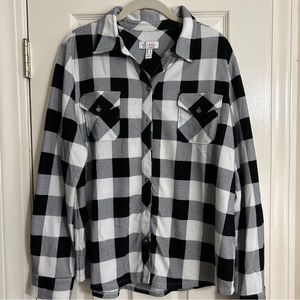 Denim & Co Heavenly Jersey B & W Buffalo Plaid Button Front Long Sleeve Top MED
